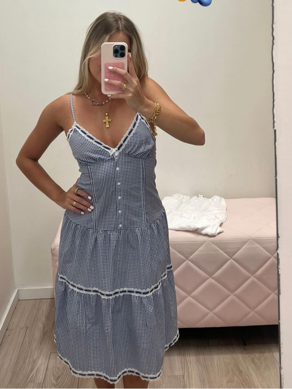 Frankie’s Bikinis Indiana Blue Gingham Button-Front Sundress with Lace Trim - Picture 2 of 5